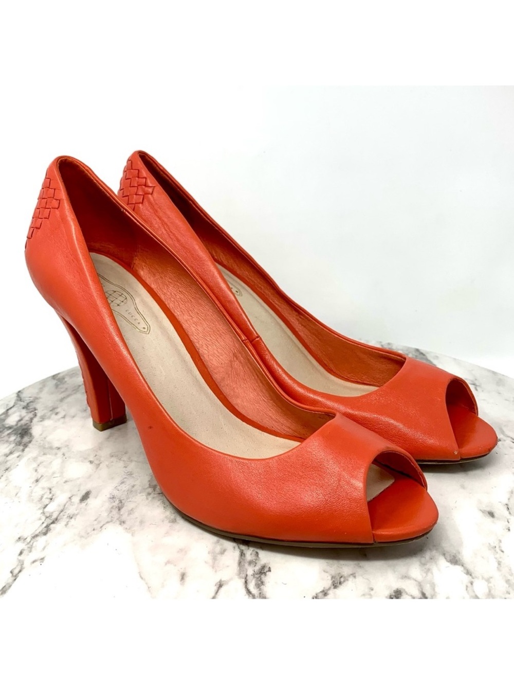 Elliott Lucca Andrea Peep Toe Woven Orange Leather Pumps 10 Tomato Girl Cocktail